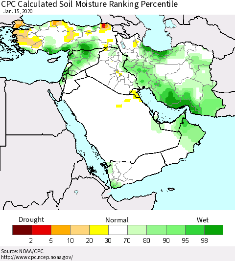 Middle East and Turkey CPC Soil Moisture Ranking Percentile (Leaky Bucket) Thematic Map For 1/11/2020 - 1/15/2020