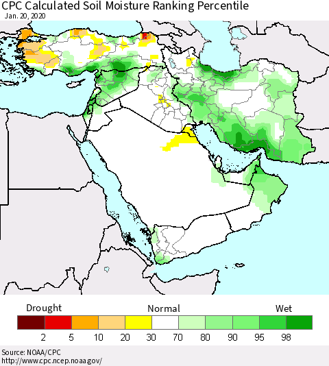 Middle East and Turkey CPC Soil Moisture Ranking Percentile (Leaky Bucket) Thematic Map For 1/16/2020 - 1/20/2020