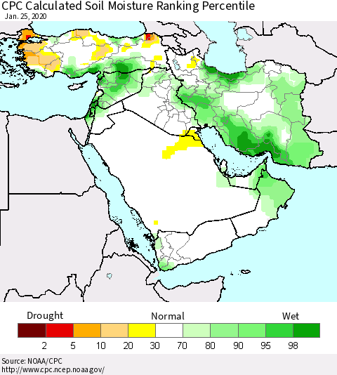 Middle East and Turkey CPC Soil Moisture Ranking Percentile (Leaky Bucket) Thematic Map For 1/21/2020 - 1/25/2020
