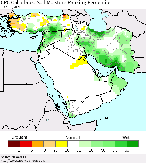 Middle East and Turkey CPC Soil Moisture Ranking Percentile (Leaky Bucket) Thematic Map For 1/26/2020 - 1/31/2020