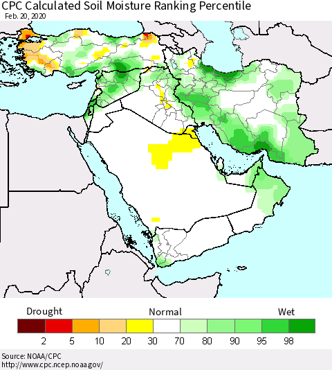 Middle East and Turkey CPC Soil Moisture Ranking Percentile (Leaky Bucket) Thematic Map For 2/16/2020 - 2/20/2020