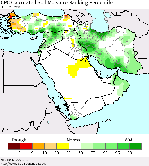 Middle East and Turkey CPC Soil Moisture Ranking Percentile (Leaky Bucket) Thematic Map For 2/21/2020 - 2/25/2020