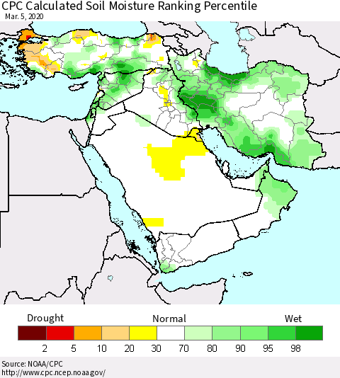 Middle East and Turkey CPC Soil Moisture Ranking Percentile (Leaky Bucket) Thematic Map For 3/1/2020 - 3/5/2020