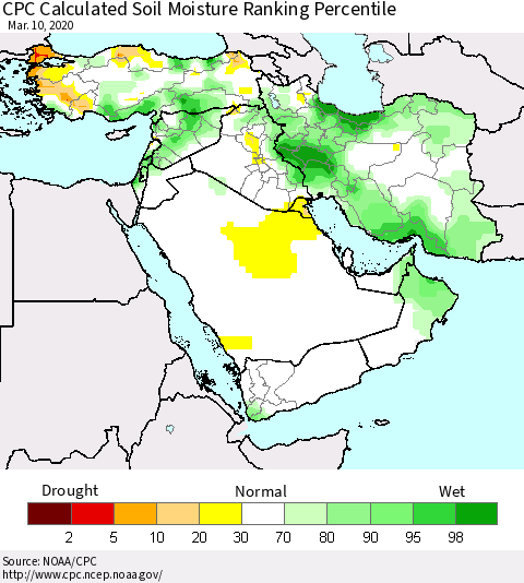 Middle East and Turkey CPC Soil Moisture Ranking Percentile (Leaky Bucket) Thematic Map For 3/6/2020 - 3/10/2020