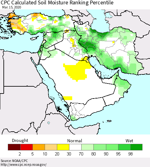 Middle East and Turkey CPC Soil Moisture Ranking Percentile (Leaky Bucket) Thematic Map For 3/11/2020 - 3/15/2020