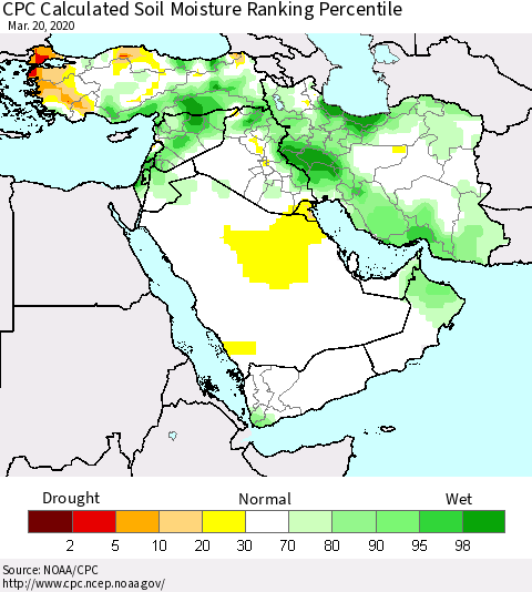Middle East and Turkey CPC Soil Moisture Ranking Percentile (Leaky Bucket) Thematic Map For 3/16/2020 - 3/20/2020