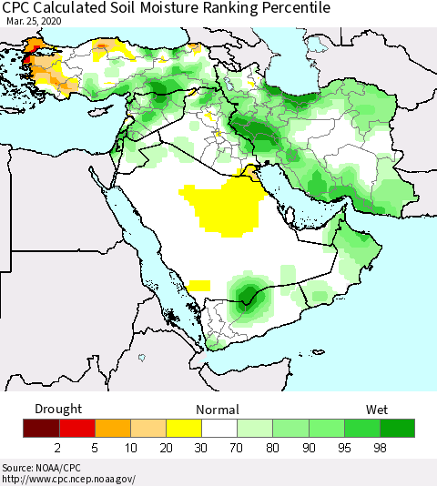 Middle East and Turkey CPC Soil Moisture Ranking Percentile (Leaky Bucket) Thematic Map For 3/21/2020 - 3/25/2020