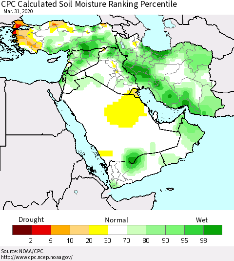 Middle East and Turkey CPC Soil Moisture Ranking Percentile (Leaky Bucket) Thematic Map For 3/26/2020 - 3/31/2020