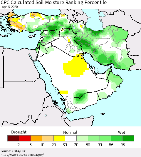 Middle East and Turkey CPC Soil Moisture Ranking Percentile (Leaky Bucket) Thematic Map For 4/1/2020 - 4/5/2020