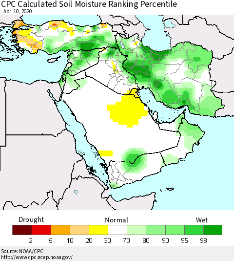 Middle East and Turkey CPC Soil Moisture Ranking Percentile (Leaky Bucket) Thematic Map For 4/6/2020 - 4/10/2020