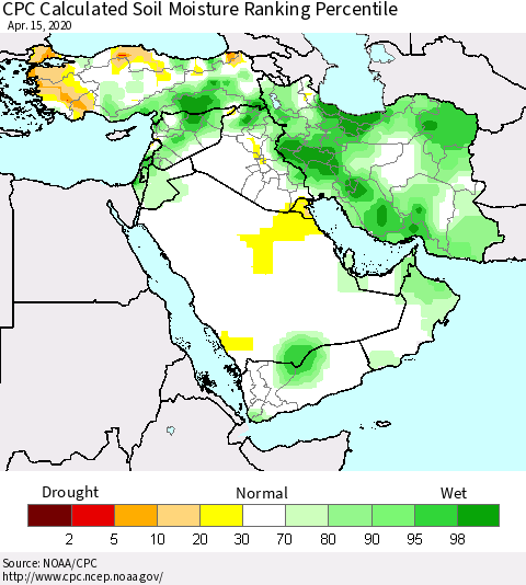Middle East and Turkey CPC Soil Moisture Ranking Percentile (Leaky Bucket) Thematic Map For 4/11/2020 - 4/15/2020