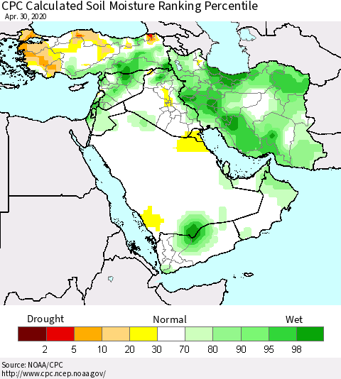 Middle East and Turkey CPC Soil Moisture Ranking Percentile (Leaky Bucket) Thematic Map For 4/26/2020 - 4/30/2020