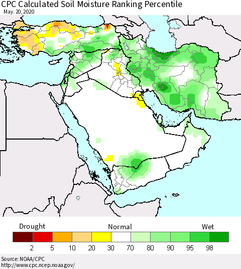 Middle East and Turkey CPC Soil Moisture Ranking Percentile (Leaky Bucket) Thematic Map For 5/16/2020 - 5/20/2020