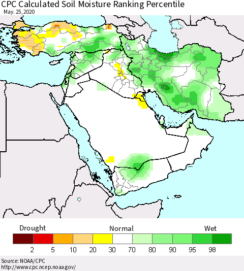 Middle East and Turkey CPC Soil Moisture Ranking Percentile (Leaky Bucket) Thematic Map For 5/21/2020 - 5/25/2020