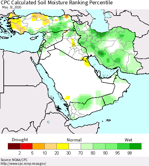 Middle East and Turkey CPC Soil Moisture Ranking Percentile (Leaky Bucket) Thematic Map For 5/26/2020 - 5/31/2020