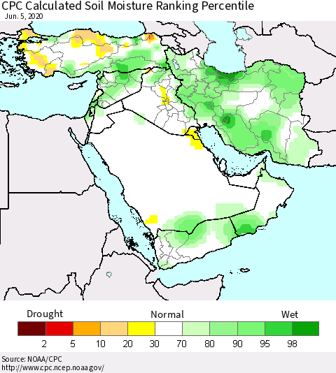 Middle East and Turkey CPC Soil Moisture Ranking Percentile (Leaky Bucket) Thematic Map For 6/1/2020 - 6/5/2020