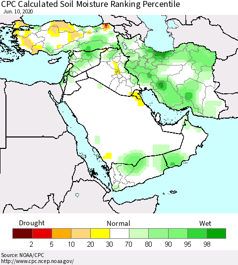 Middle East and Turkey CPC Soil Moisture Ranking Percentile (Leaky Bucket) Thematic Map For 6/6/2020 - 6/10/2020