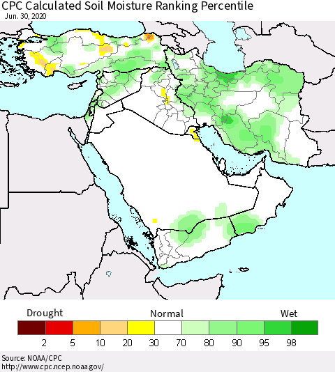 Middle East and Turkey CPC Soil Moisture Ranking Percentile (Leaky Bucket) Thematic Map For 6/26/2020 - 6/30/2020