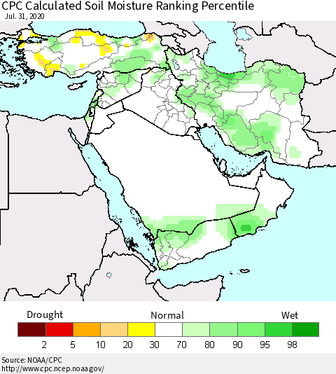 Middle East and Turkey CPC Soil Moisture Ranking Percentile (Leaky Bucket) Thematic Map For 7/26/2020 - 7/31/2020