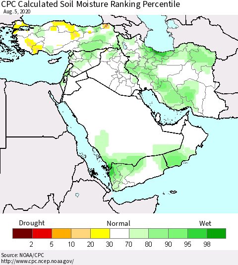 Middle East and Turkey CPC Soil Moisture Ranking Percentile (Leaky Bucket) Thematic Map For 8/1/2020 - 8/5/2020