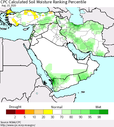 Middle East and Turkey CPC Soil Moisture Ranking Percentile (Leaky Bucket) Thematic Map For 8/6/2020 - 8/10/2020