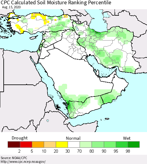 Middle East and Turkey CPC Soil Moisture Ranking Percentile (Leaky Bucket) Thematic Map For 8/11/2020 - 8/15/2020