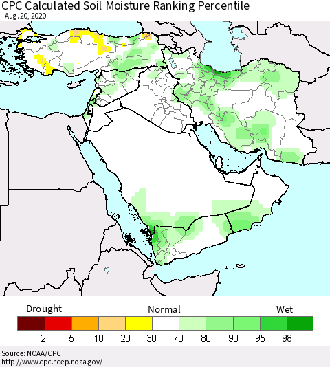 Middle East and Turkey CPC Soil Moisture Ranking Percentile (Leaky Bucket) Thematic Map For 8/16/2020 - 8/20/2020