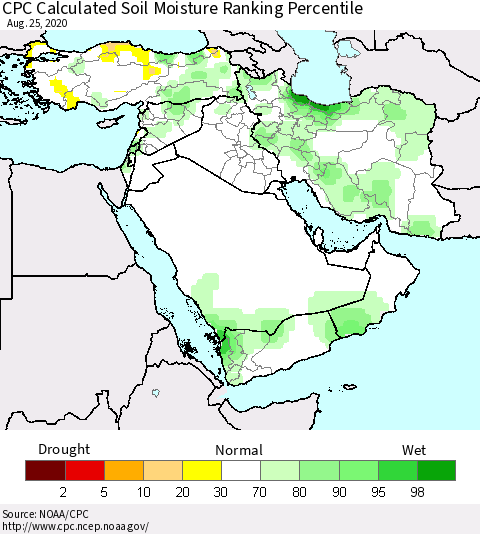 Middle East and Turkey CPC Soil Moisture Ranking Percentile (Leaky Bucket) Thematic Map For 8/21/2020 - 8/25/2020