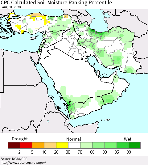 Middle East and Turkey CPC Soil Moisture Ranking Percentile (Leaky Bucket) Thematic Map For 8/26/2020 - 8/31/2020