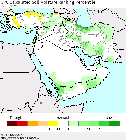 Middle East and Turkey CPC Soil Moisture Ranking Percentile (Leaky Bucket) Thematic Map For 9/1/2020 - 9/5/2020