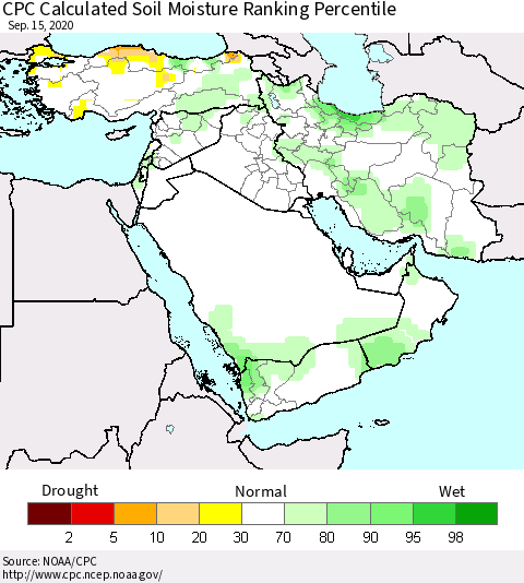 Middle East and Turkey CPC Soil Moisture Ranking Percentile (Leaky Bucket) Thematic Map For 9/11/2020 - 9/15/2020