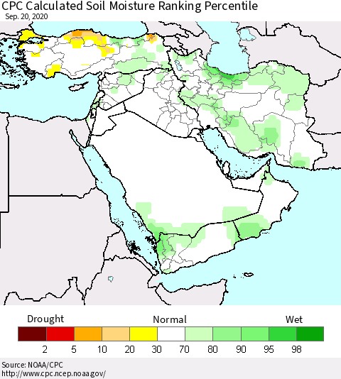 Middle East and Turkey CPC Soil Moisture Ranking Percentile (Leaky Bucket) Thematic Map For 9/16/2020 - 9/20/2020