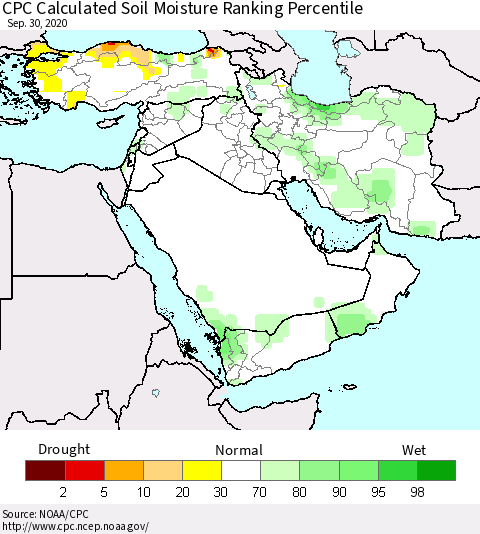 Middle East and Turkey CPC Soil Moisture Ranking Percentile (Leaky Bucket) Thematic Map For 9/26/2020 - 9/30/2020