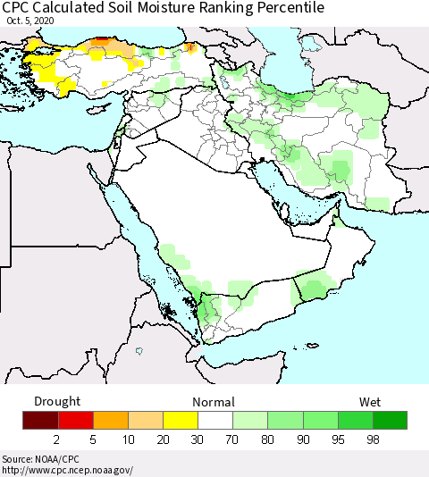 Middle East and Turkey CPC Soil Moisture Ranking Percentile (Leaky Bucket) Thematic Map For 10/1/2020 - 10/5/2020
