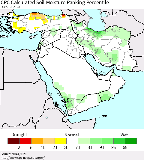 Middle East and Turkey CPC Soil Moisture Ranking Percentile (Leaky Bucket) Thematic Map For 10/6/2020 - 10/10/2020