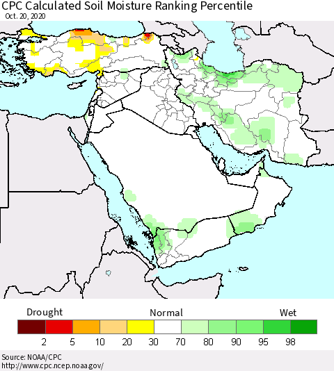 Middle East and Turkey CPC Soil Moisture Ranking Percentile (Leaky Bucket) Thematic Map For 10/16/2020 - 10/20/2020