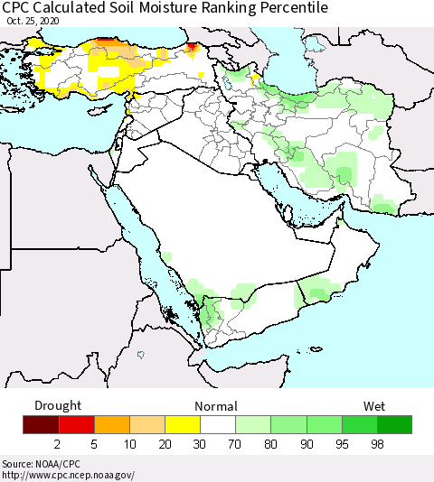 Middle East and Turkey CPC Soil Moisture Ranking Percentile (Leaky Bucket) Thematic Map For 10/21/2020 - 10/25/2020