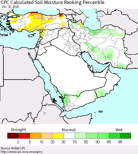 Middle East and Turkey CPC Soil Moisture Ranking Percentile (Leaky Bucket) Thematic Map For 10/26/2020 - 10/31/2020