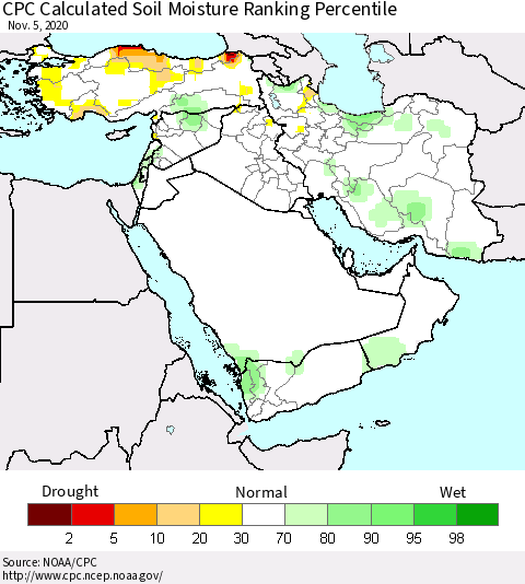 Middle East and Turkey CPC Soil Moisture Ranking Percentile (Leaky Bucket) Thematic Map For 11/1/2020 - 11/5/2020