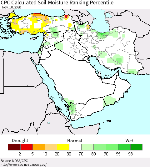 Middle East and Turkey CPC Soil Moisture Ranking Percentile (Leaky Bucket) Thematic Map For 11/6/2020 - 11/10/2020