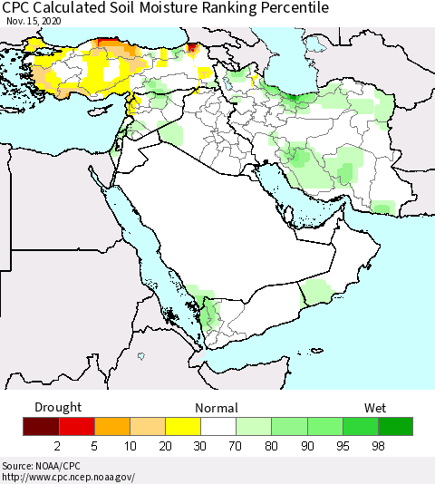 Middle East and Turkey CPC Soil Moisture Ranking Percentile (Leaky Bucket) Thematic Map For 11/11/2020 - 11/15/2020