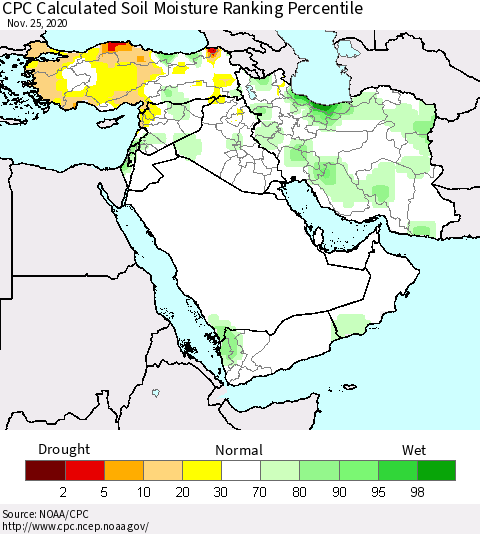 Middle East and Turkey CPC Soil Moisture Ranking Percentile (Leaky Bucket) Thematic Map For 11/21/2020 - 11/25/2020