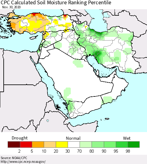 Middle East and Turkey CPC Soil Moisture Ranking Percentile (Leaky Bucket) Thematic Map For 11/26/2020 - 11/30/2020