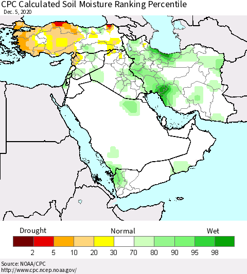 Middle East and Turkey CPC Soil Moisture Ranking Percentile (Leaky Bucket) Thematic Map For 12/1/2020 - 12/5/2020