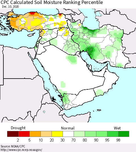 Middle East and Turkey CPC Soil Moisture Ranking Percentile (Leaky Bucket) Thematic Map For 12/6/2020 - 12/10/2020