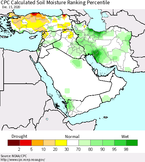Middle East and Turkey CPC Soil Moisture Ranking Percentile (Leaky Bucket) Thematic Map For 12/11/2020 - 12/15/2020