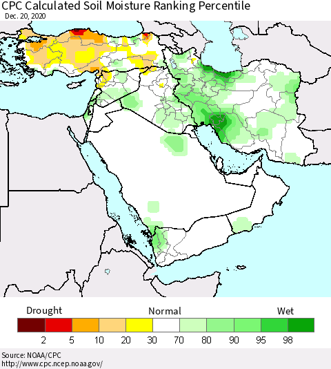Middle East and Turkey CPC Soil Moisture Ranking Percentile (Leaky Bucket) Thematic Map For 12/16/2020 - 12/20/2020