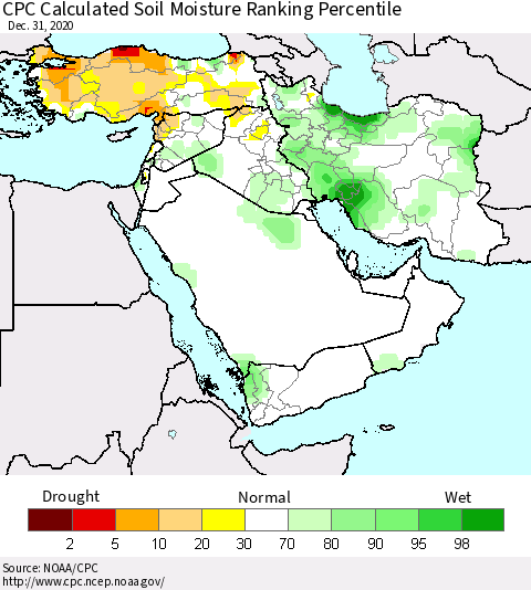 Middle East and Turkey CPC Soil Moisture Ranking Percentile (Leaky Bucket) Thematic Map For 12/26/2020 - 12/31/2020