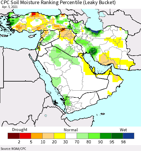 Middle East and Turkey CPC Soil Moisture Ranking Percentile (Leaky Bucket) Thematic Map For 4/1/2021 - 4/5/2021