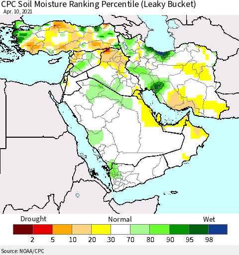 Middle East and Turkey CPC Soil Moisture Ranking Percentile (Leaky Bucket) Thematic Map For 4/6/2021 - 4/10/2021